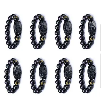 

Wholesale Natural Obsidian carving Eight Patron saint Lucky Amulet 10mm round Bead Bracelet For Women Men Bracelet