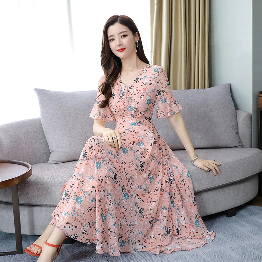 Summer Pink Floral Chiffon Boho Maxi Sundress 2019 Vintage 3XL Plus Size Print Beach Dress Women Bodycon Elegant Party Vestidos