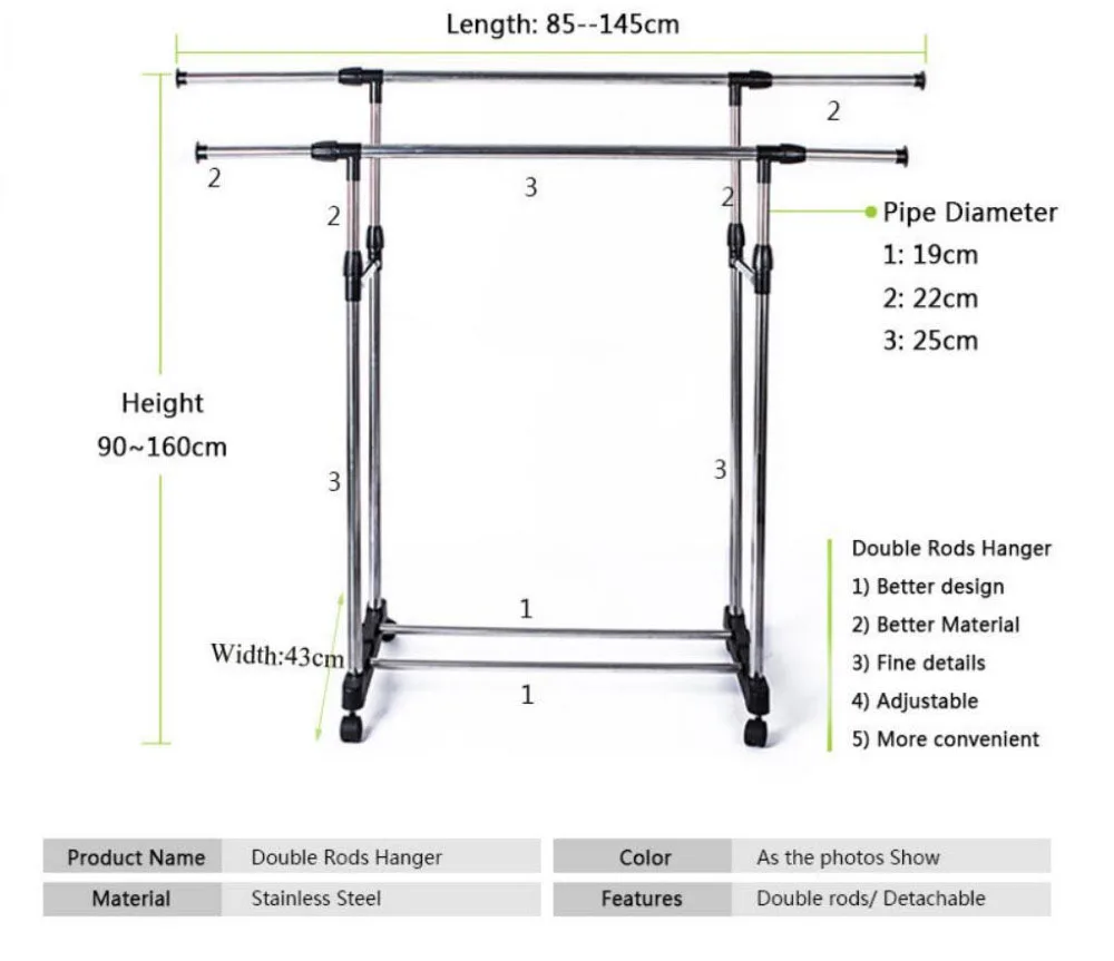 Многофункциональная вешалка для одежды, органайзер, вешалка для одежды с 4 колесами, регулируемые двойные рельсы для одежды, сушилка для одежды