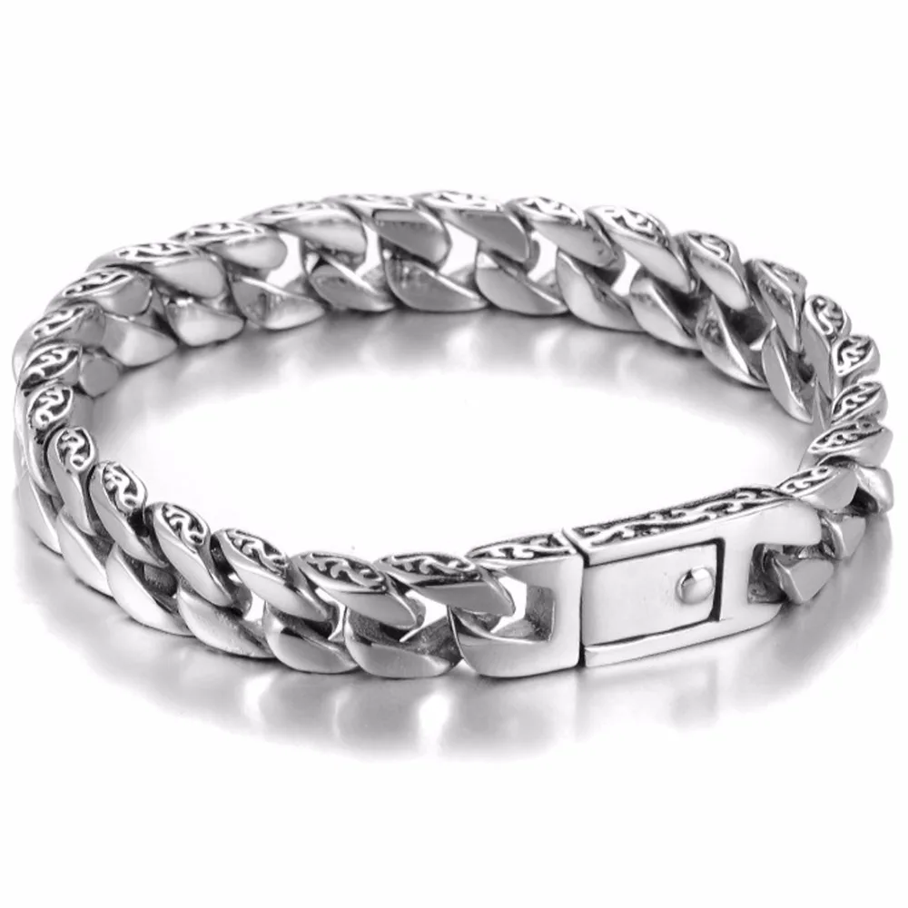 

Men's Heavy Bracelet Curb Cuban Link Silver Color 316L Stainless Steel Wristband Buckle Male Jewelry 11.5mm Width
