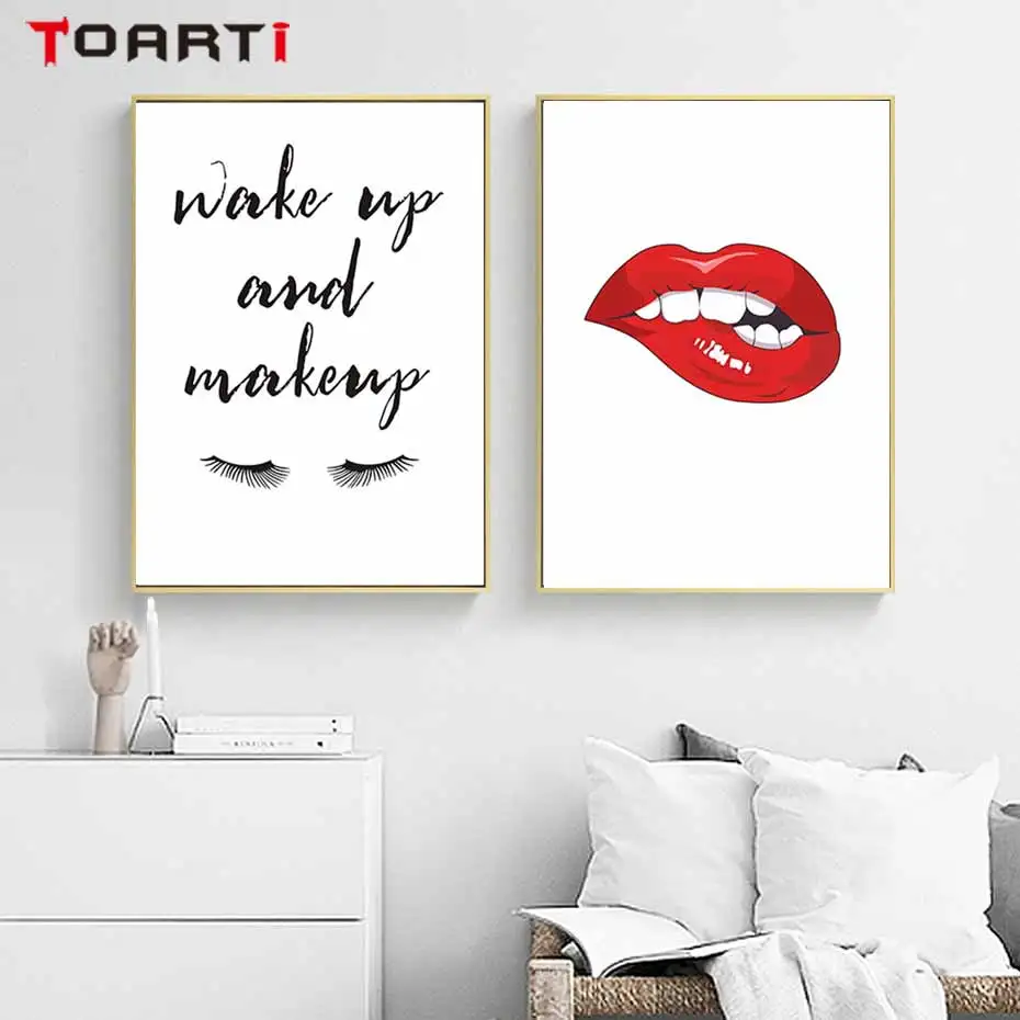 

Red Lip Wake Up Make Up Posters Prints Modern Canvas Painting On The Wall Lady Nordic Art Picture For Women Bedroom Home Decora
