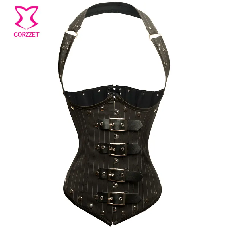 Black Pinstripe Steel Boned Underbust Corset Waist Trainer Corsets