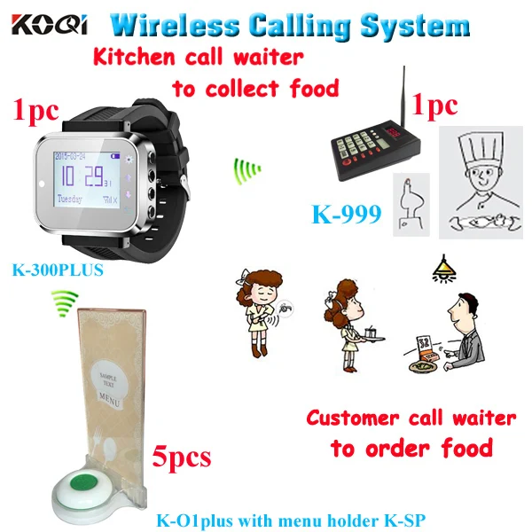 

Widely used smart wireless customer kitchen call system with 1 keypad for cooker 1 smart watch 5 call bell with menu holder