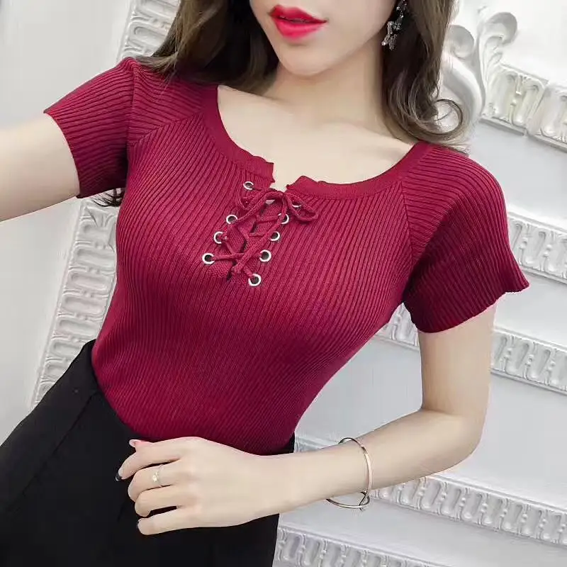 

Summer Women Short Sleeve Camouflage Casual Ladies T Shirt Tops Summer Bandage Hollow Out T-Shirt Tops Knitted T-shirt