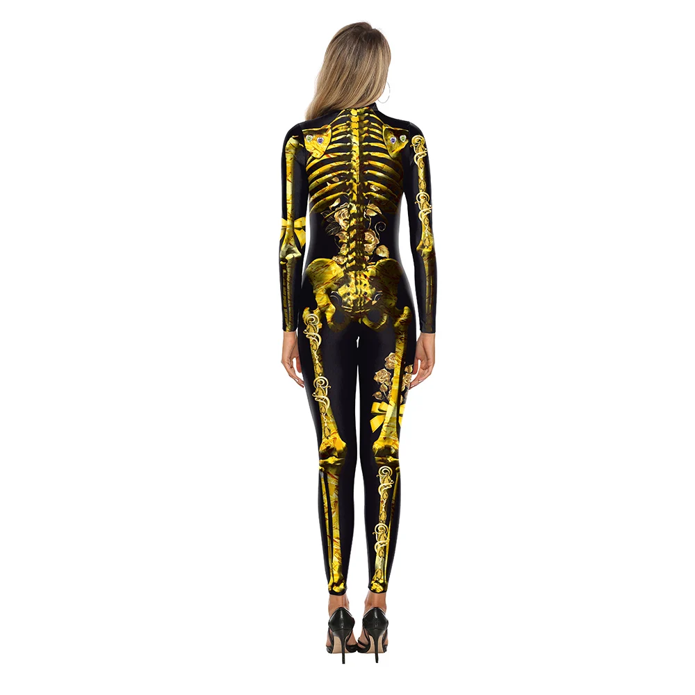 NADANBAO Scary Purim Carnival Cosplay Costume Gold Skeleton Bodysuit Women Halloween Crystal Skeleton Elastic Catsuits