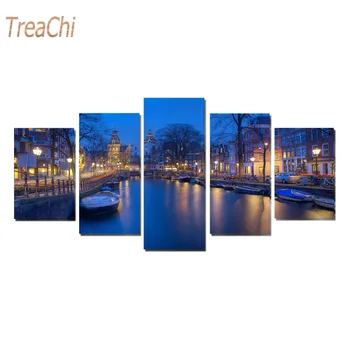 

Amsterdam Canal Wall Art Frame Canvas Living Room Pictures 5 Panel Home Decor HD Printed Paintings