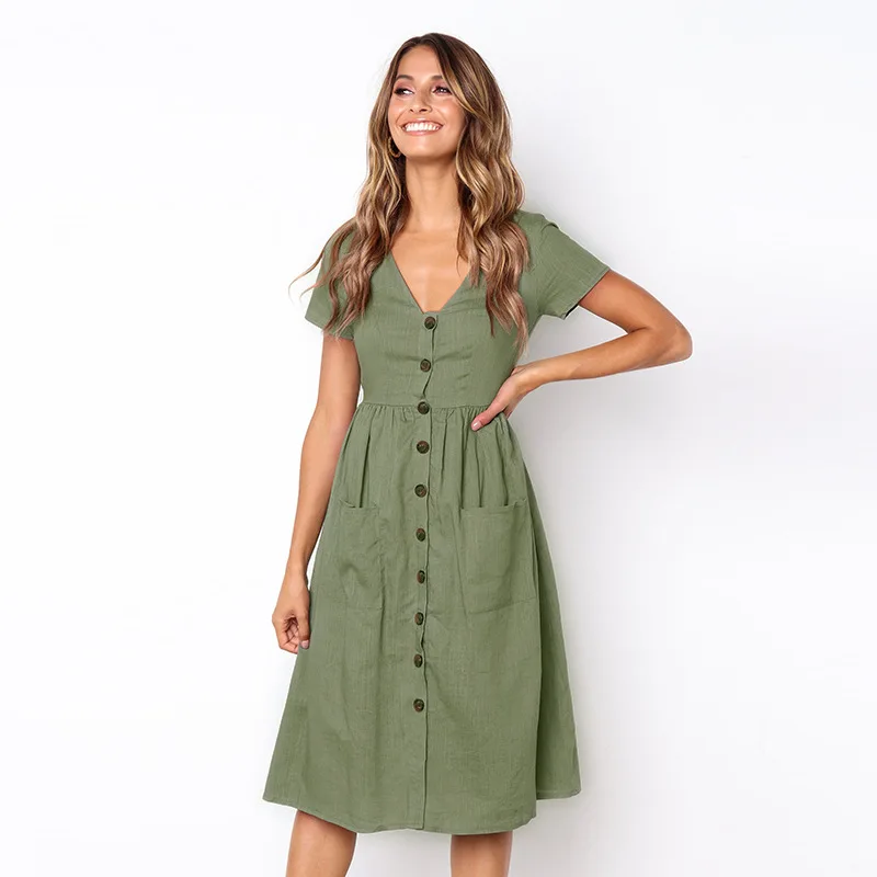 V Neck Button Down Swing Midi Dress 