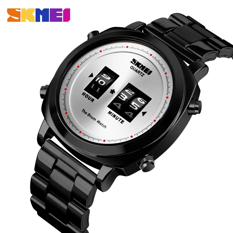 

SKMEI Men Watch Fashion Quartz Wristwatches Patented Design Stainless Steel Waterproof Simple Drum Watch Orologio Uomo