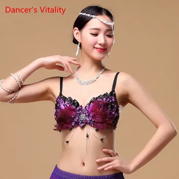 

Dancer's Vitality New Arrival Nightclub Bras Women Belly Dance Clothes Plume Sequin Bra Cup B/C Feather Belly Dance Top