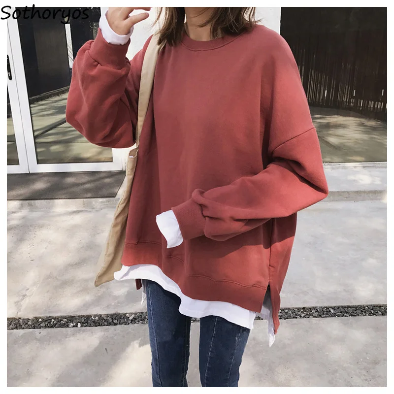 

Hoodies Women Long Sleeve O-Neck Loose Solid Simple Pullovers Womens Korean Style Harajuku Ulzzang Sweatshirts Ladies Trendy