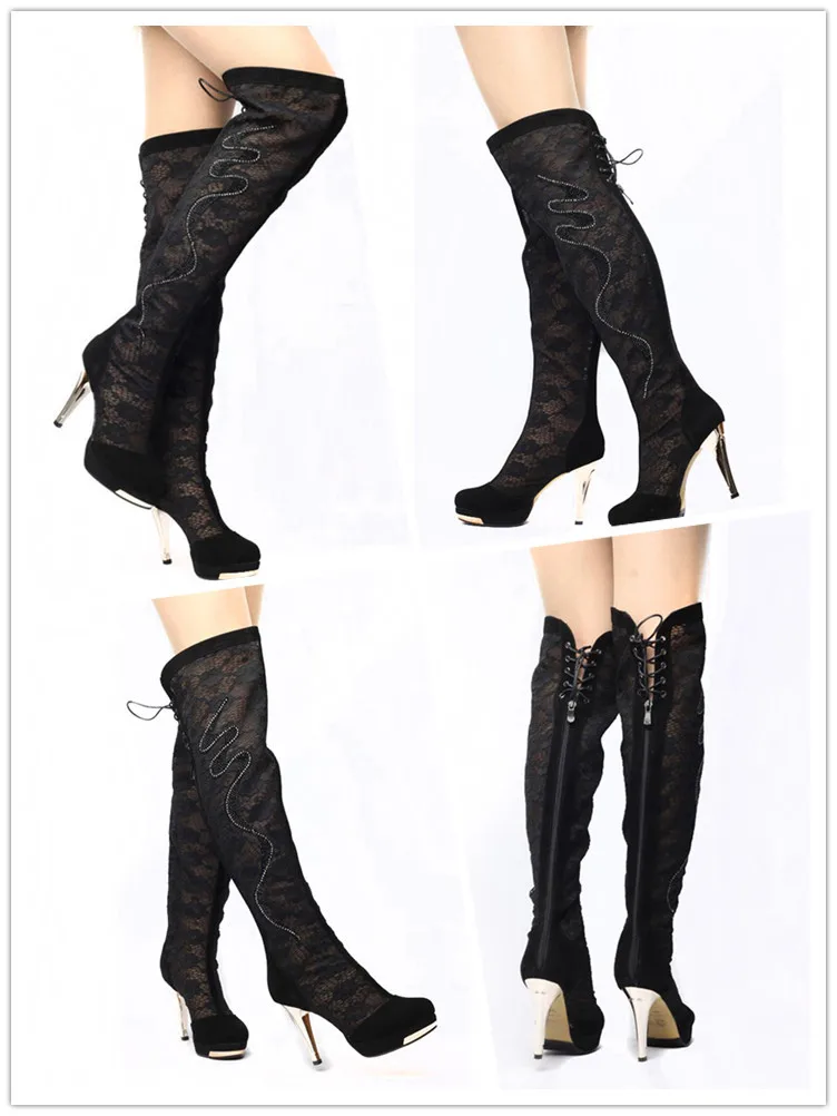 

Sexy Spring Boots Genuine Leather over-the-knee boots Women's Pumps Fashion Summer Shoes Rhinestone Lace Hollow Dress Shoes