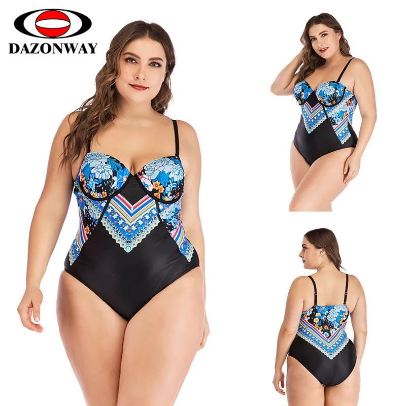 

DAZONWAY Plus Size Women Swimsuit Gathering Thin Siamese Bikini Female Triangle Print One-piece Swimwear Underwire No Chest Pad