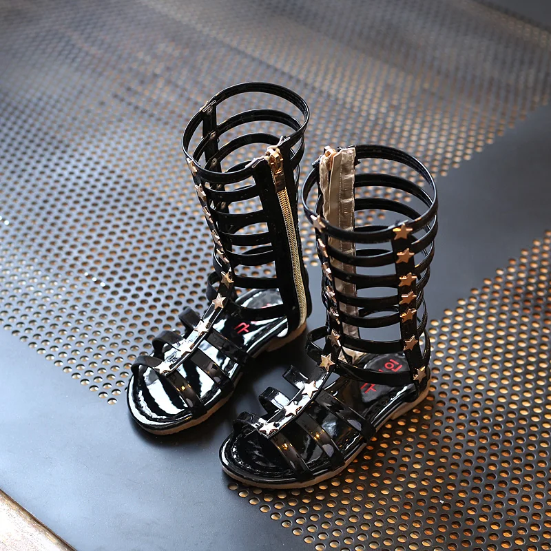 2019 Kids Girl Gladiator Sandals Summer Children's Sandals Korean Girls High-top High Tube Rivets Hollow Roman Shoes Boots