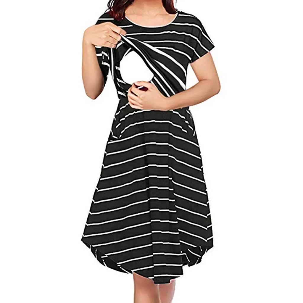 MUQGEW Womens Maternity Nursing Dress for Breastfeeding Short Sleeve Stripe Summer Knee Length Maternity Breastfeeding Dresses