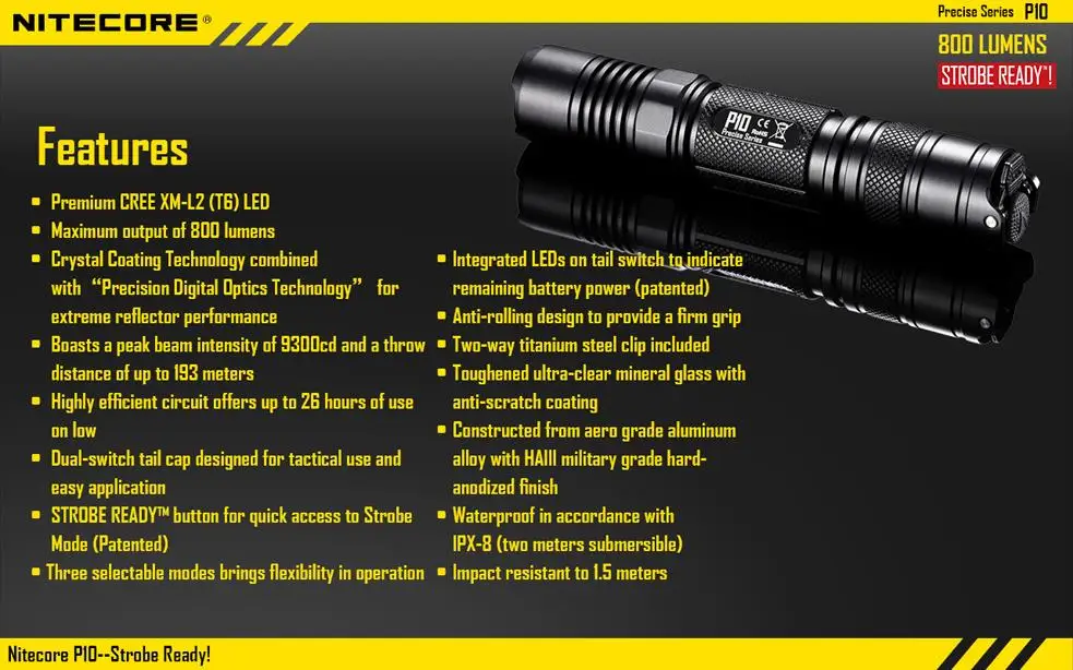 Nitecore P10 светодиодный фонарик CREE XM-L2 T6 LED 800 люмен 3 Режим 18650 фонарик для наружной кемпинга самообороны