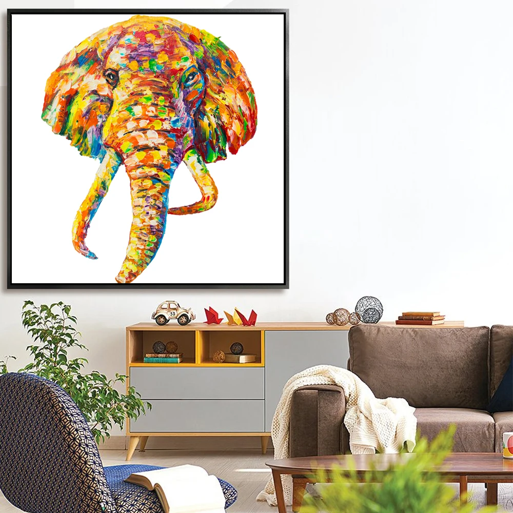 

Modern Art Colorful Mix-color Elephant Palette Knife Painting Texture Oil Painting On Canvas For Living Room Decoration Wall