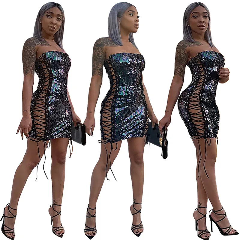 Sexy Sequin Sparkly Bandage Dress Women Sleeveless Strapless Lace Up Hollow Out Night Party Bodycon Mini Dress Clubwear Vestidos Sexy Sequin Sparkly Bandage Dress Women Sleeveless Strapless Lace Up Hollow Out Night Party Bodycon Mini Dress Clubwear Vestidos
