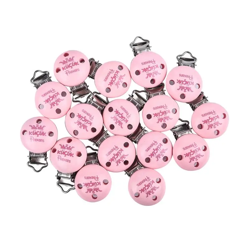 

5pcs Round Wooden Baby Pacifier Clips Pink Cute Imperial Crown Pattern Wood Mental Nepple Clips For Children Baby