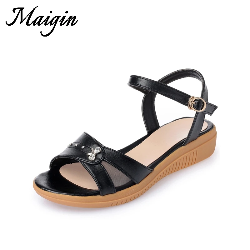 Maigin Wedges Shoes for Women 2018 Genuine Leather Women Sandals Peep Toe Rhinestone Summer Sandals Breathable Ladies Shoes