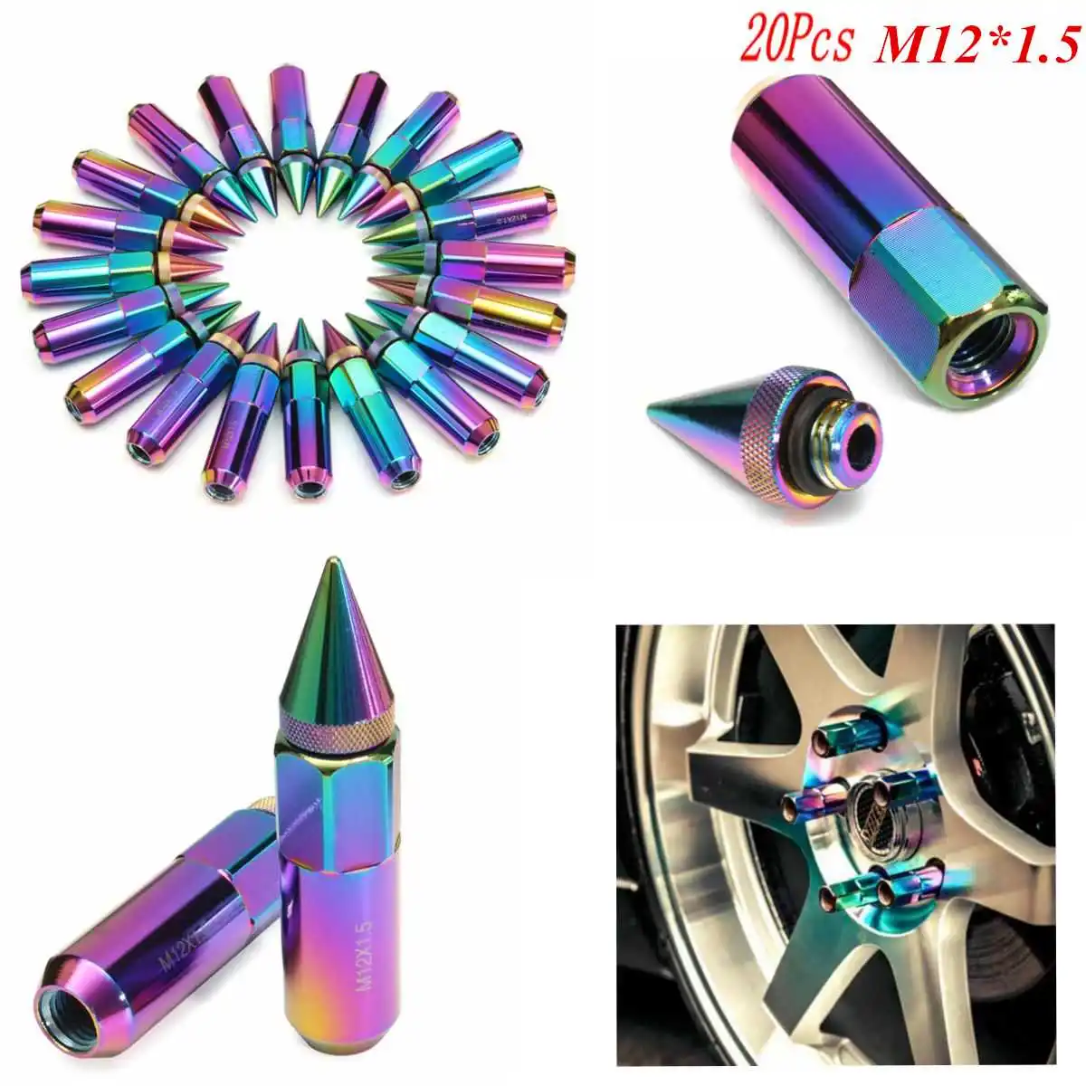 

20pcs M12x1.5mm Car Tire Nuts Spiked Extended Tuner Wheels Rims Stud Nut Racing Lug Nuts Bolts Aluminum