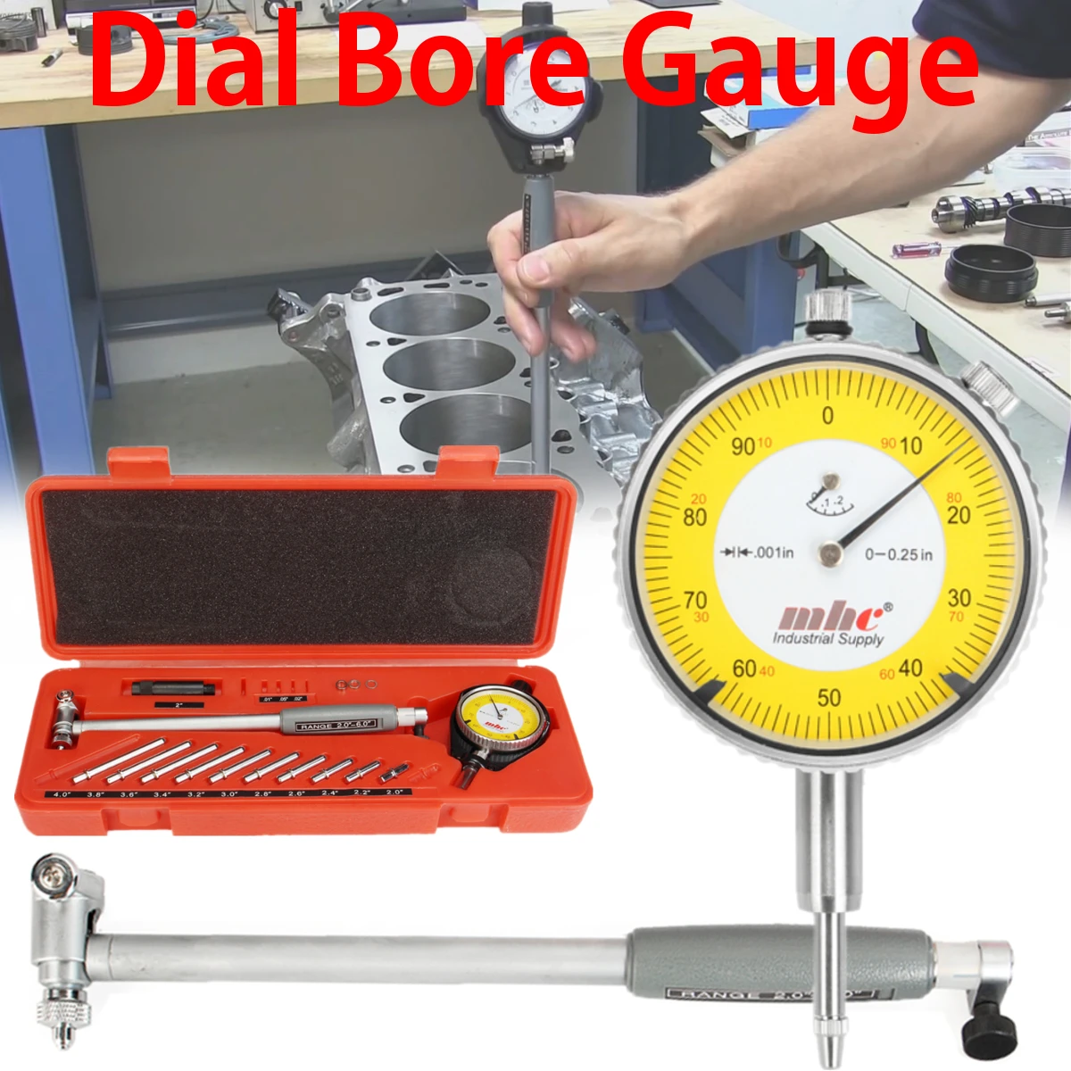 

Range 2.0"-6.0" Accuracy 0.001" Dial Bore Gauge + Guide Bridge + Anvils Conversion Head Stainless Steel Ball Accurate Reliable