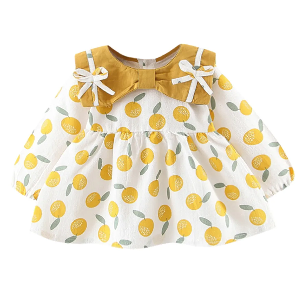 

Infant Baby Girls Long Sleeve Bow Orange Print Princess Dresses Clothes
