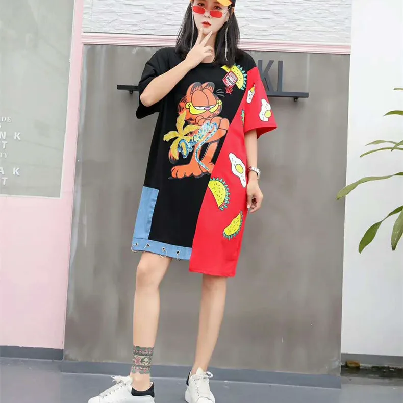 

3Colors Contrast Color Blocked Long Style Tees Women Cartoon Sequins T-Shirt High Street Metal Ring Plus Size Loose Summer Tops