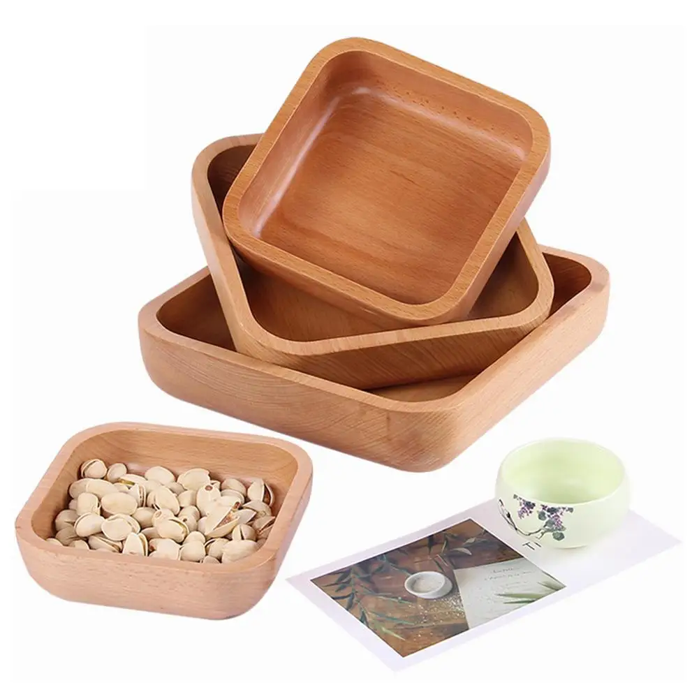 

Solid Wood Square Snack Plate Eco Friendly Soup Salad Noodle Rice Bowl Heat Insulation Wooden Fruit Bowls Kitchen Supplies