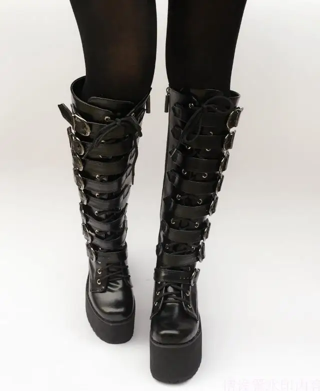 Japanese Harajuku High Platform Chunky Heel Cosplay Knee-High Boots Women Black Leather Belt Buckle Gothic Punk High Boots Zip