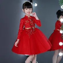 Изысканные детские платья для дня рождения в китайском стиле для девочек осеннее красное платье Ципао с длинными рукавами и цветочным узором для маленьких девочек