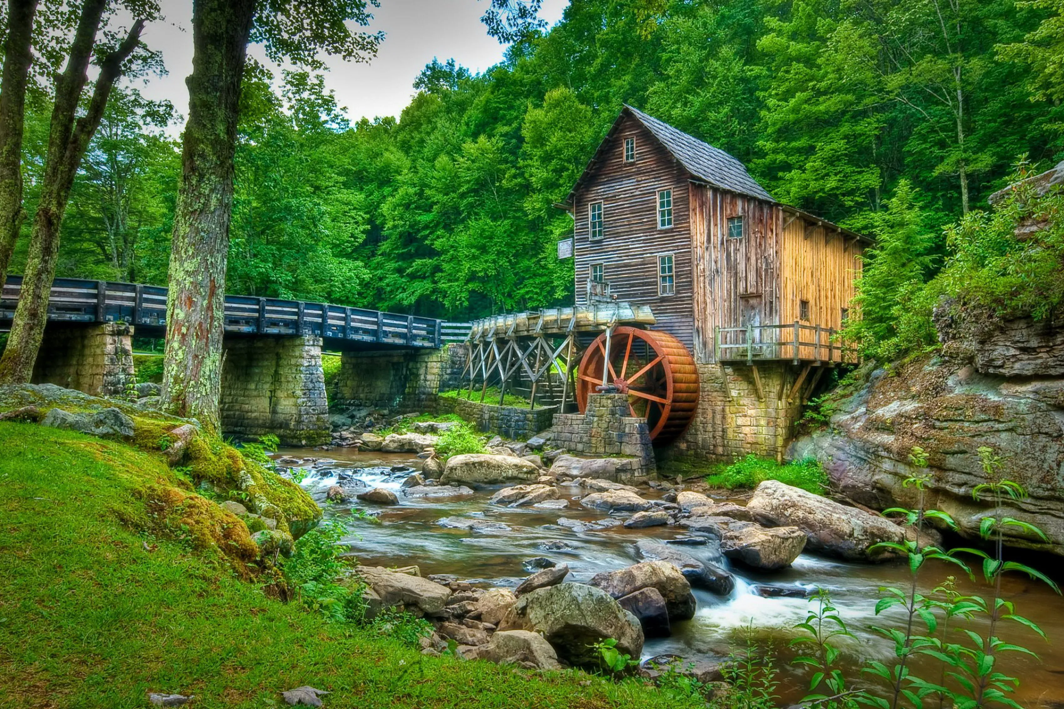 

Home decoration USA Babcock State Park forest stream rocks trees bridge water mill Silk Fabric Poster Print 490FJ