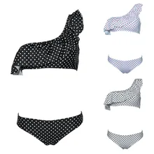 Womens Sexy Two Piece Bikini Set One Shoulder Pleated Ruffles Flounce Patchwork Crop Top Low Waist High Cut Thong Polka Dot cutout waist gold polka dot velvet top