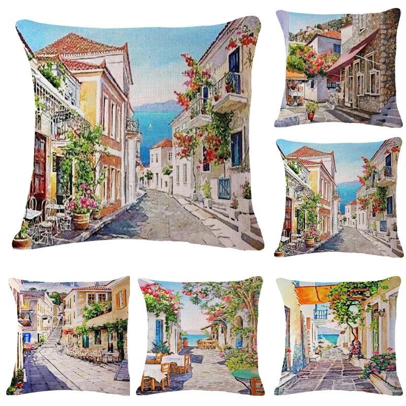 Vintage European Streets Oil Painting Throw Pillow Cover Decorative Massager Pillows Case Zip DIY Home Decor Gift&quot18X18'' | Дом и
