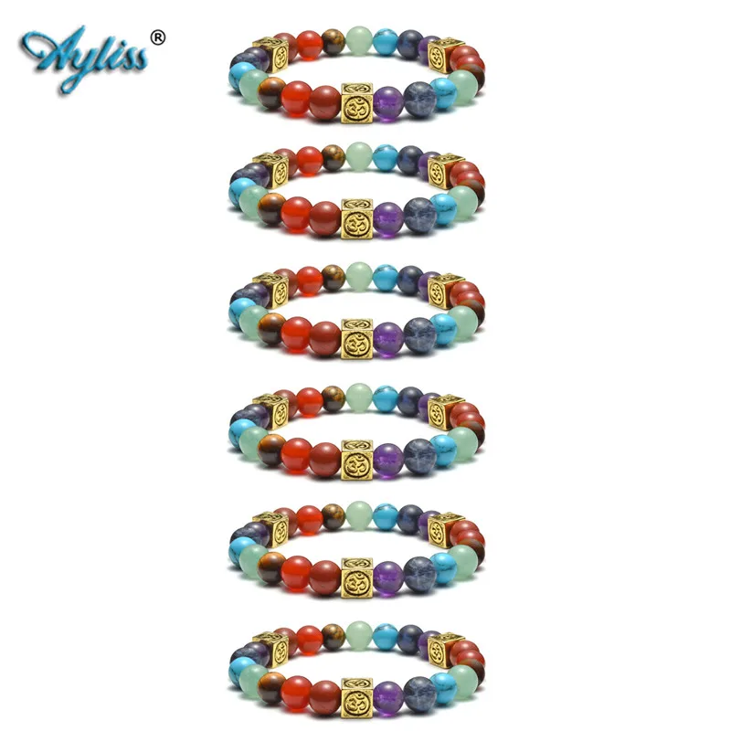 

Ayliss New Bulk Price 8mm 7 Chakra Healing Crystal Bracelet w/OM Square Cube Beads Gem Stone Yoga Reiki Prayer Stretch Bracelet