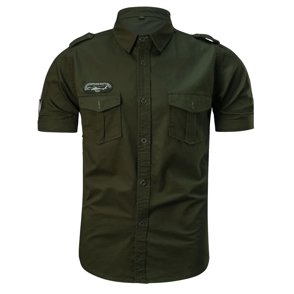 

Spring Summer Cotton Short Sleeve Men's Casual Fashion Military Pure Color men's New Arrival 2019 Pocket Loose c0330