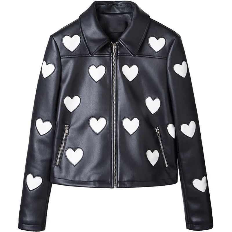 7Mang Women Cute Heart Pu Leather Jacket Street Sweet Turn down Collar Soft Slim Ladies Coat Black Long Sleeve Party Jacket