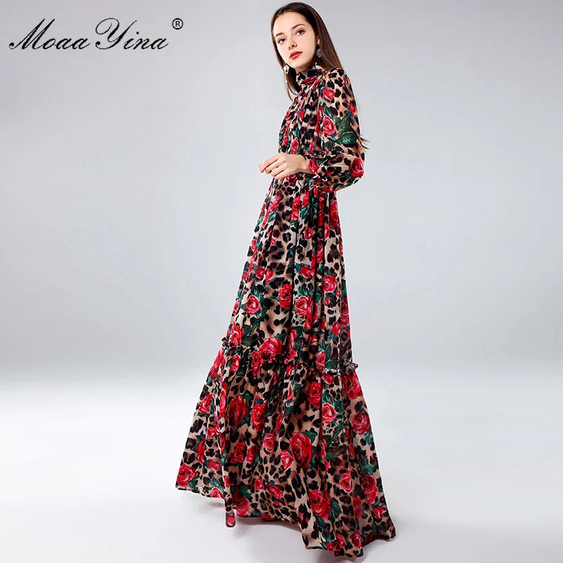 MoaaYina Fashion Designer Maxi Dresses Women's Long Sleeve Sexy Leopard Print Rose Floral Elegant Long Dress Party Holiday Dress image 4