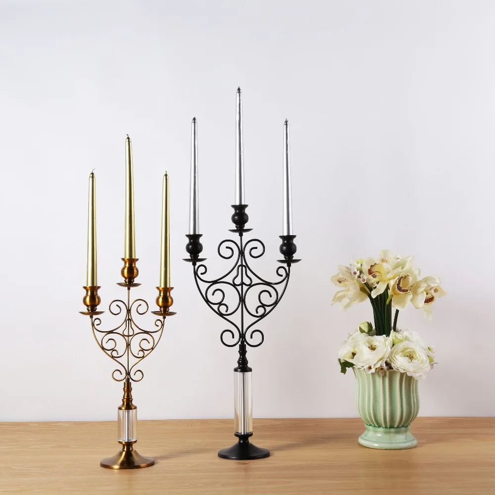 High End European Three Branches Gold/Black Metal Candlestick Holder