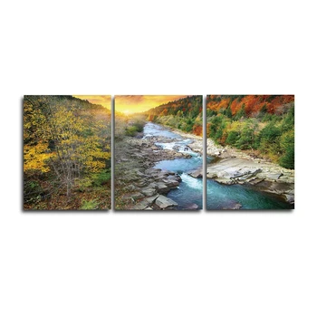 

Laeacco Canvas Painting Calligraphy 3 Panel River Trees Mountain Posters and Prints Wall Art Pictures for Living Room Home Decor