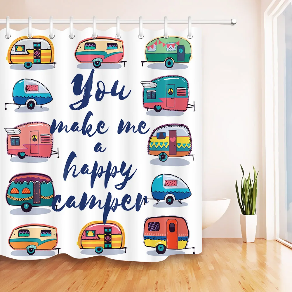 LB Happy Camper Shower Curtain Car Travel Modern Bathroom White