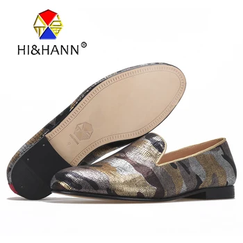 

2017 luxurious gold camouflage men Handmade shoes Genuine leather insole and bottom British style smoking slipper male's loafers