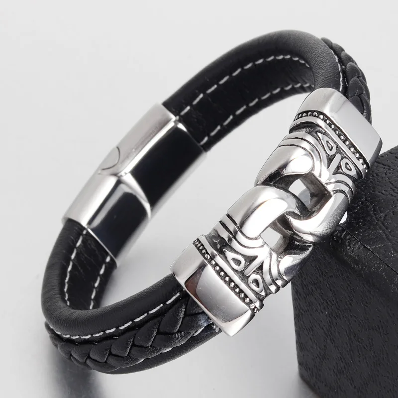 

Punk Men Jewelry Braided Leather Charm Bracelet Stainless Steel Magnetic Clasp Fashion Bangles 18.5/20.5/22cm