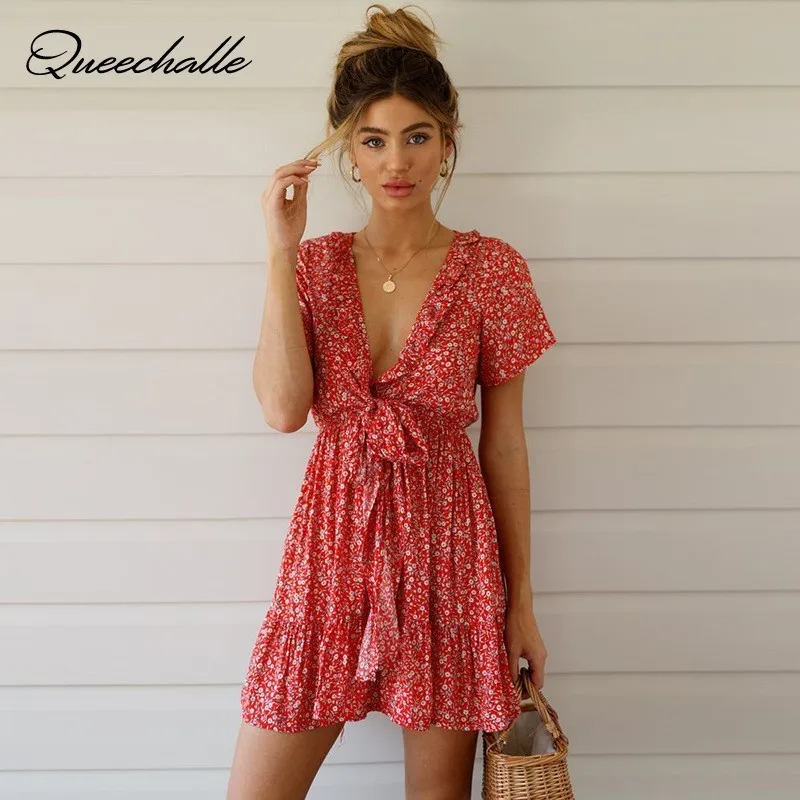 

Retro Print Dress Summer Sexy Deep V neck Ties Slim Waist Loose Mini Dress Women Ruffle Boho Beach Dress Short Vestidos Red