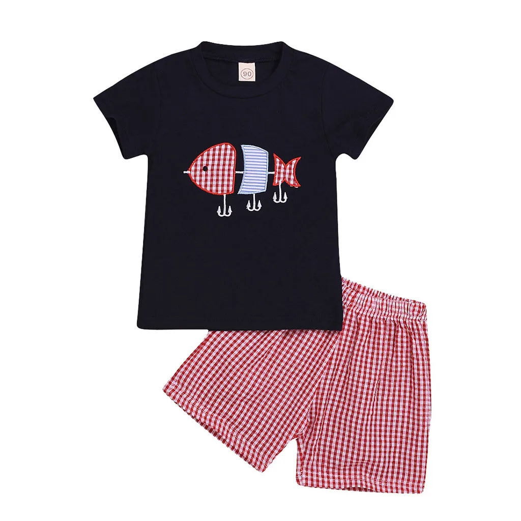 

Kids Boys Clothes Set Toddler Children Embroidery Fish T shirt +Shorts Pajamas Sleepwear 2PC kit Outfit tracksuit kinderkleding