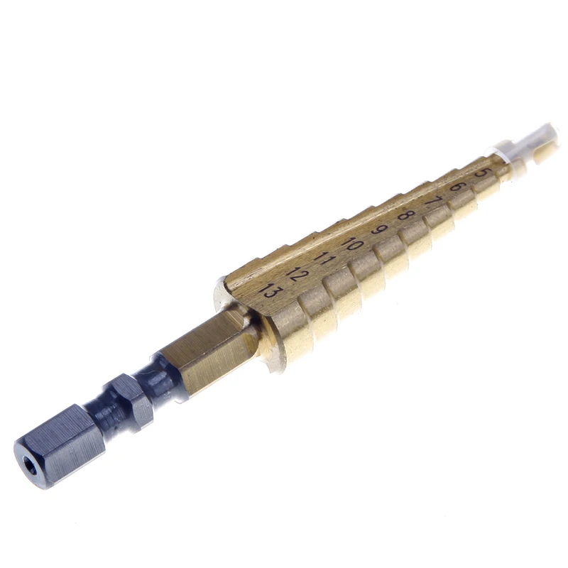 

Practical Titanium Coated 11Step Drill 1/4" HSS Hex Shank Tool 3-13MM #72209