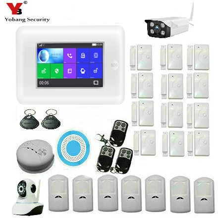 

Yobang Security Touch Screen WIFI GSM Wireless Home Burglar Security Alarm System APP Control Smoke Fire Outdoor Video IP Camera