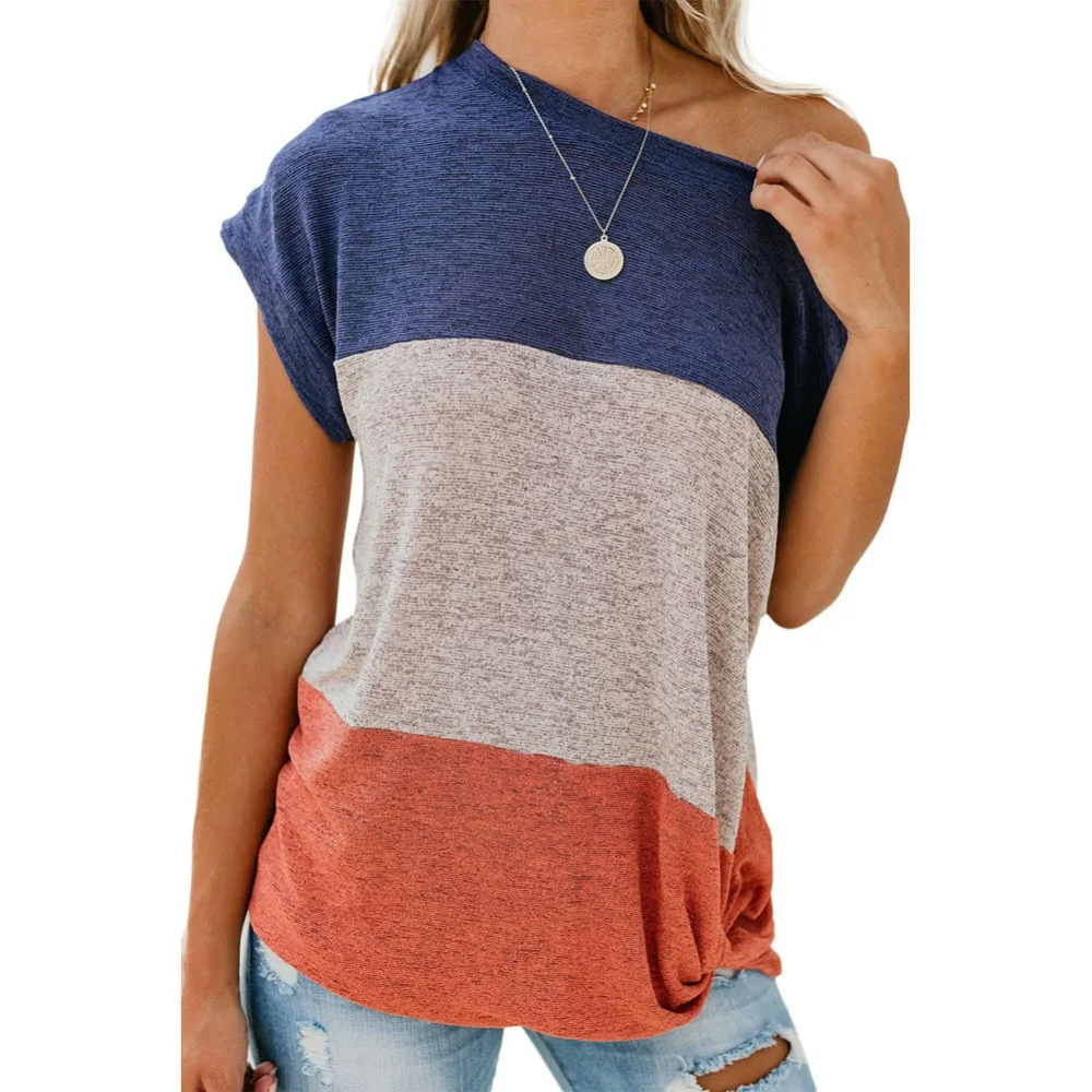

Women's short-sleeved T-shirt Summer new three-color contrast design oblique collar short sleeves loose tops