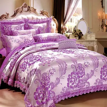 

Fashion Europe Style Satin Jacquard Bedding Sets High Grade 4pcs Quilt Cover Bed sheet Pillowcase Queen for 1.5/1.8m Width Bed