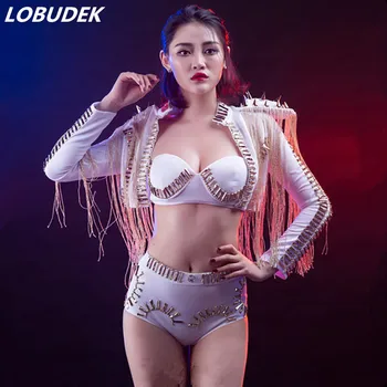 

Women Jazz Hip-Hop Dance Wear White Tassels Gold Rivet Jacket Bra Shorts 3 Piece Sets Nightclub DJ Singer DS Performance Costume