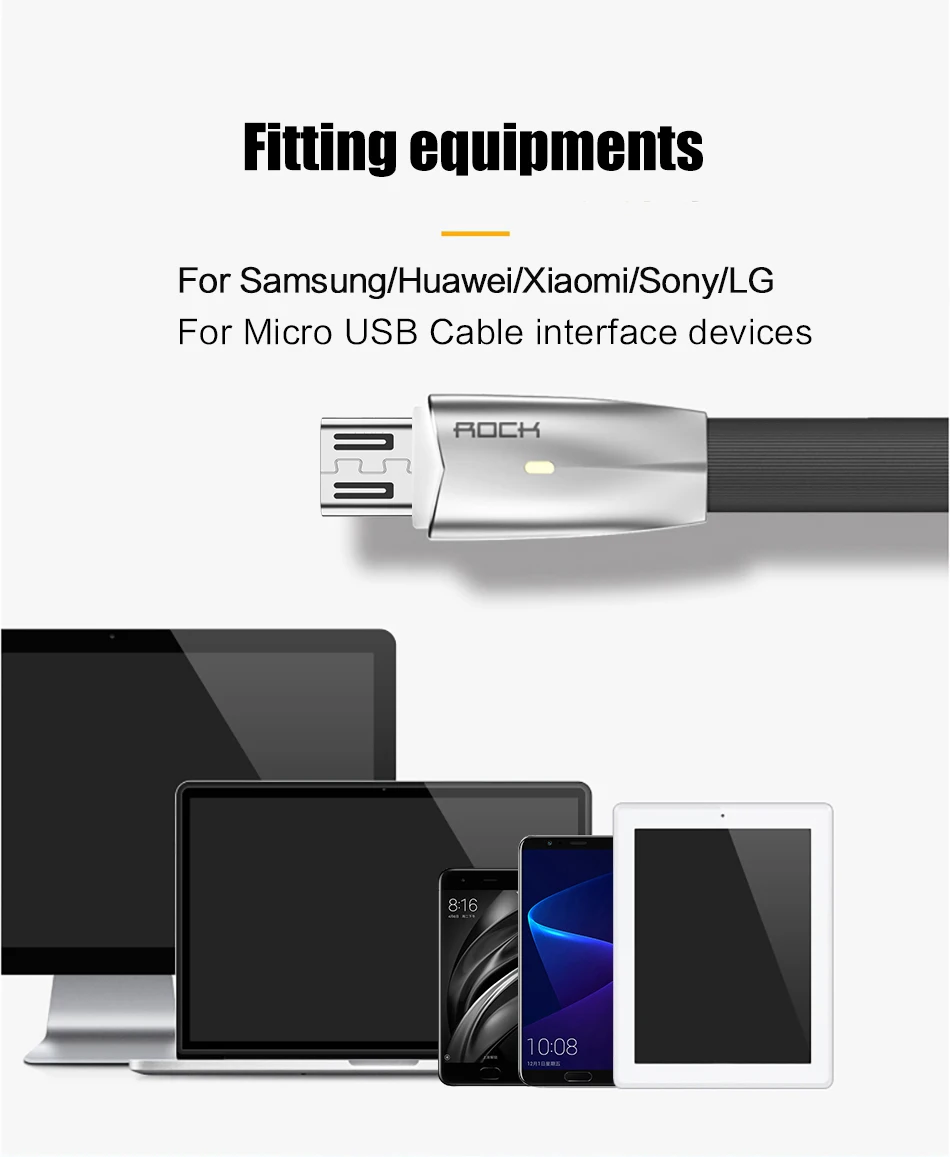 ROCK 2A 3D светодиодный светильник Micro USB кабель цинковый сплав светодиодный Кабель Microusb для samsung Htc кабель быстрой зарядки для Xiaomi huawei